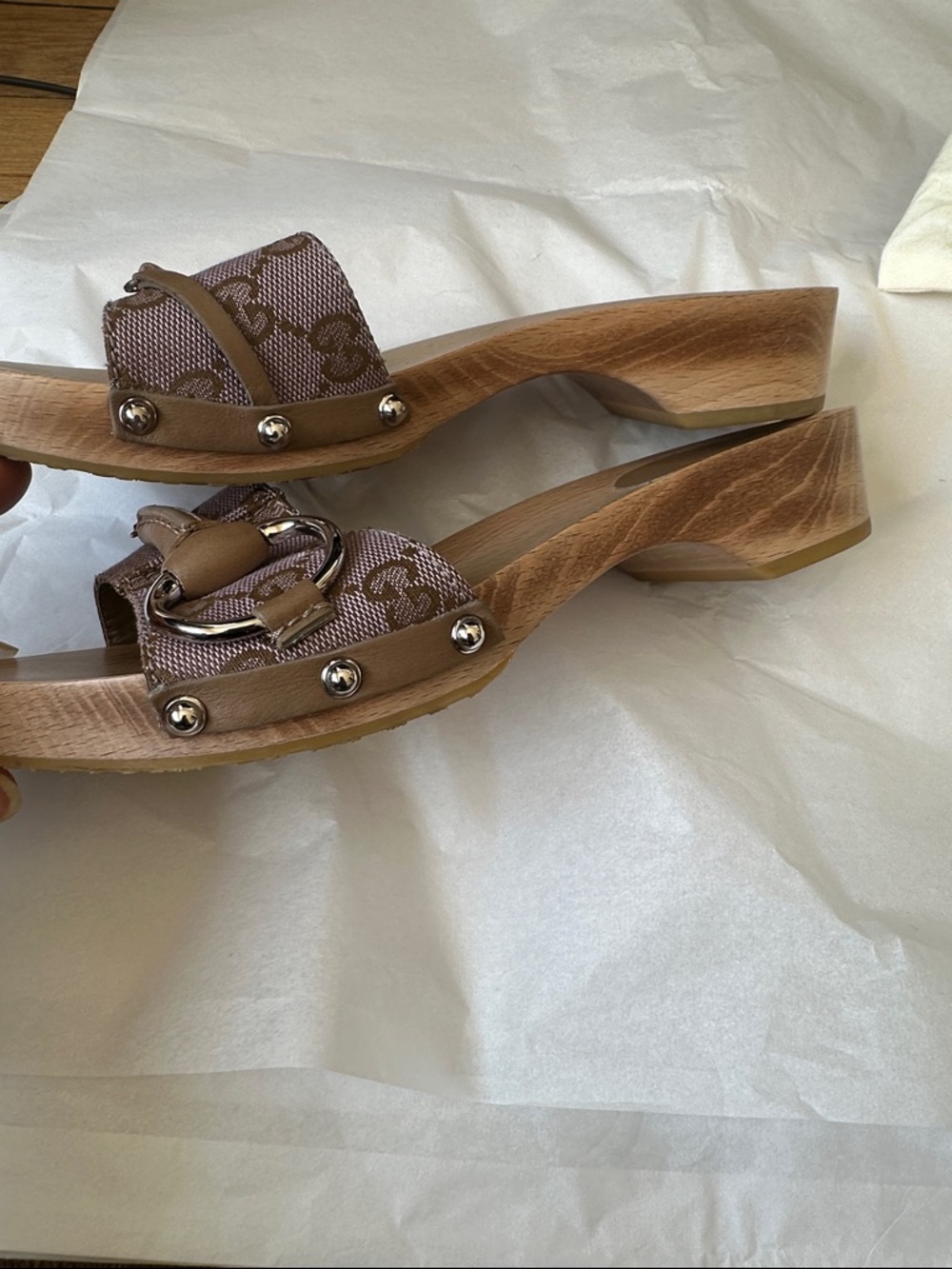 Gucci Taupe Monogram Canvas Horsebit Wooden Slide Mules - Picture 8 of 9